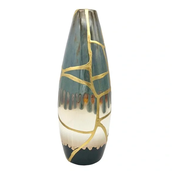Kintsugi Vase 14” Drip Glaze Gold Crack Art Personal Growth Anniversary Gift - Picture 10 of 13